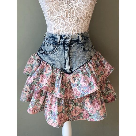 VTG Zena Denim Jeans Ruffle Print Floral Tiered Skirt Western Rodeo Blue Pink S - Picture 1 of 6